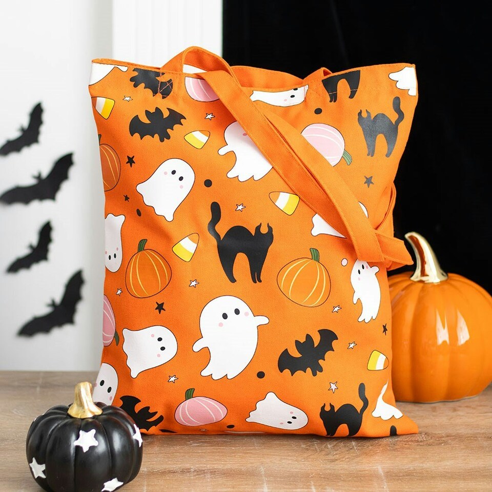 image 1 of Sweet and Spooky Ghost Print Polycotton Tote Bag Orange