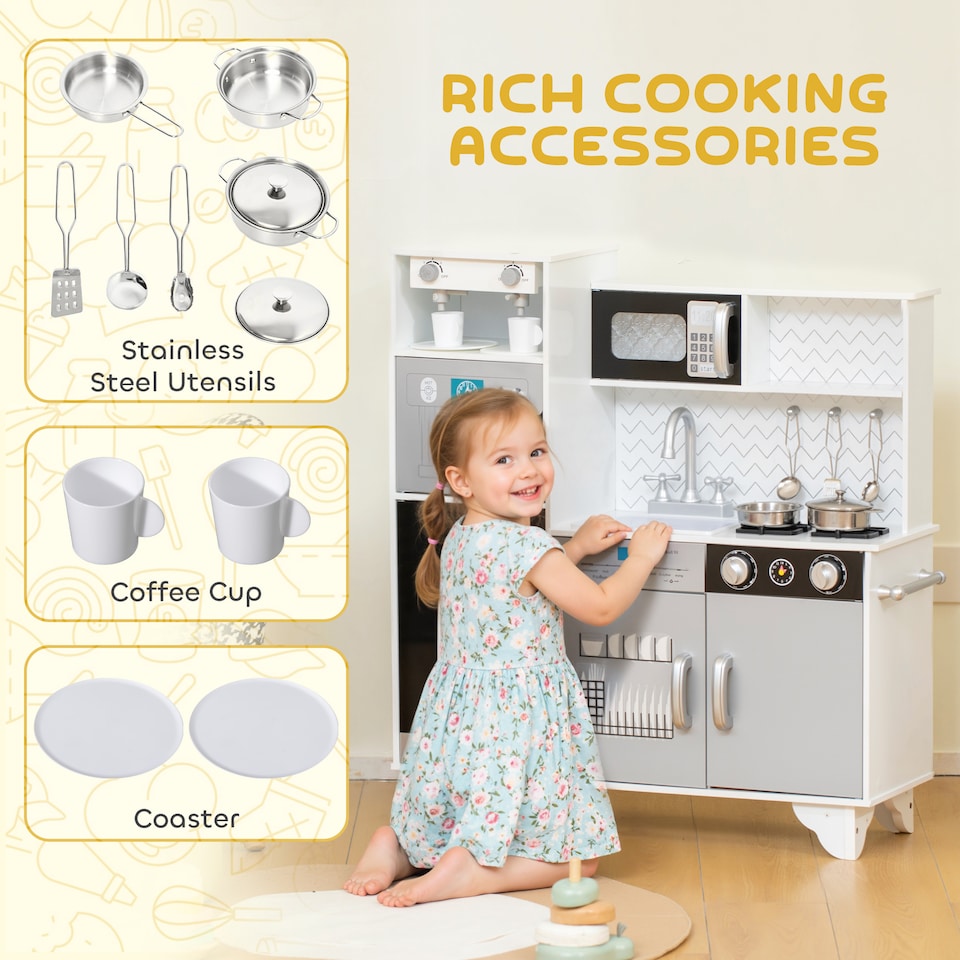 image 1 of AIYAPLAY Kids Play Kitchen, Large Pretend Play Toy Kitchen with Stove Sounds, Microwave, Ice Maker, Coffee Maker, Sink, Stainless Steel Utensils, Cooking Role Play Set for Boys and Girls 3-6 Years