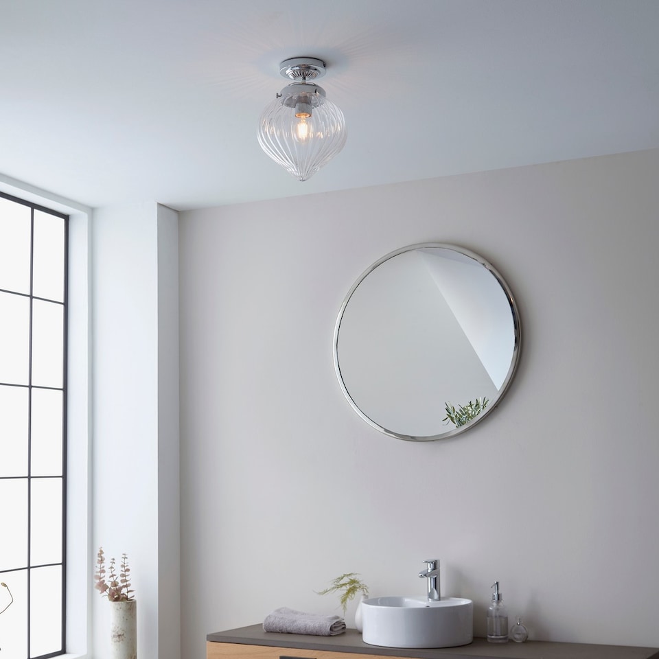image 1 of Cheston Semi Flush Ceiling Light Chrome, Clear Ribbed Glass Globe Shade, IP44