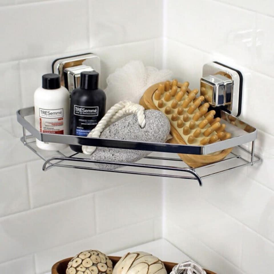 image 1 of Showerdrape Pushloc Stainless Steel Suction Wall Mounted Corner Basket | Silver | 1