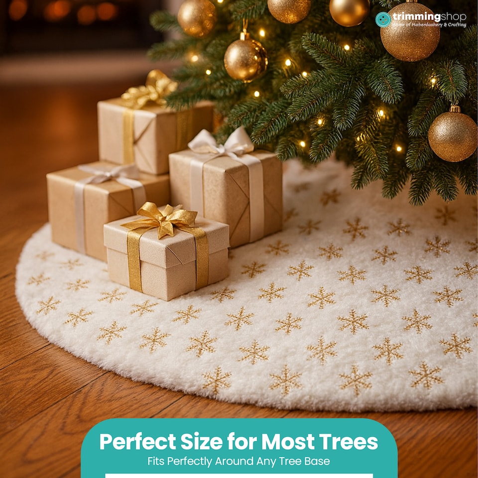 image 1 of 100cm White Christmas Tree Skirt with Snowflake Design, Gold Embroidered