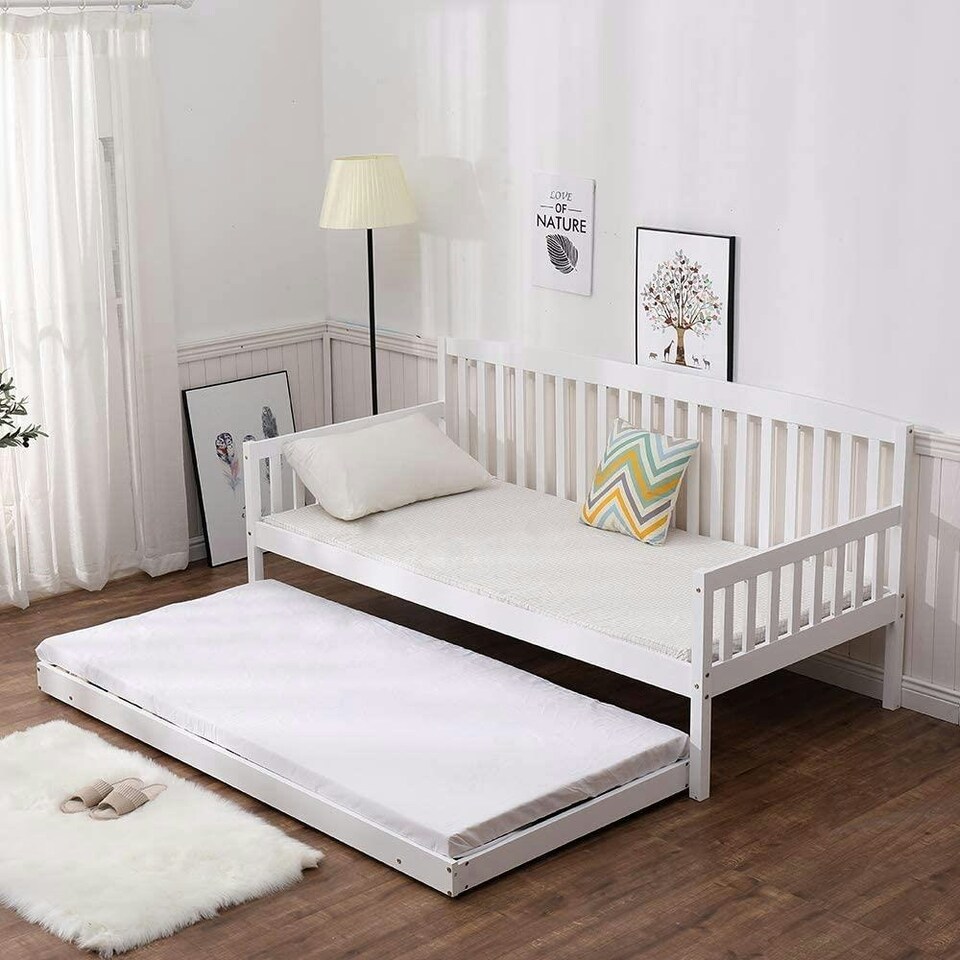 image 1 of Daybed With Trundle white 3ft single and 2 mattresses wooden pull out guest room bedroom