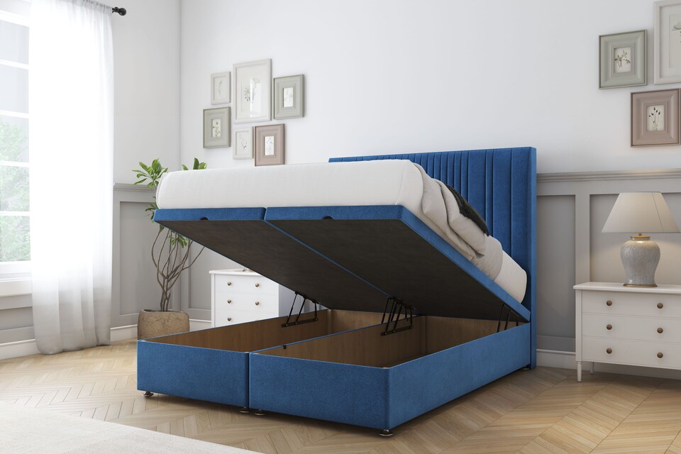 image 1 of Sloomy Kingsley Navy Plush Ottoman Bed Base With 54" Floor Standing Headboard 3' Single | Blue | Navy | Single | 1
