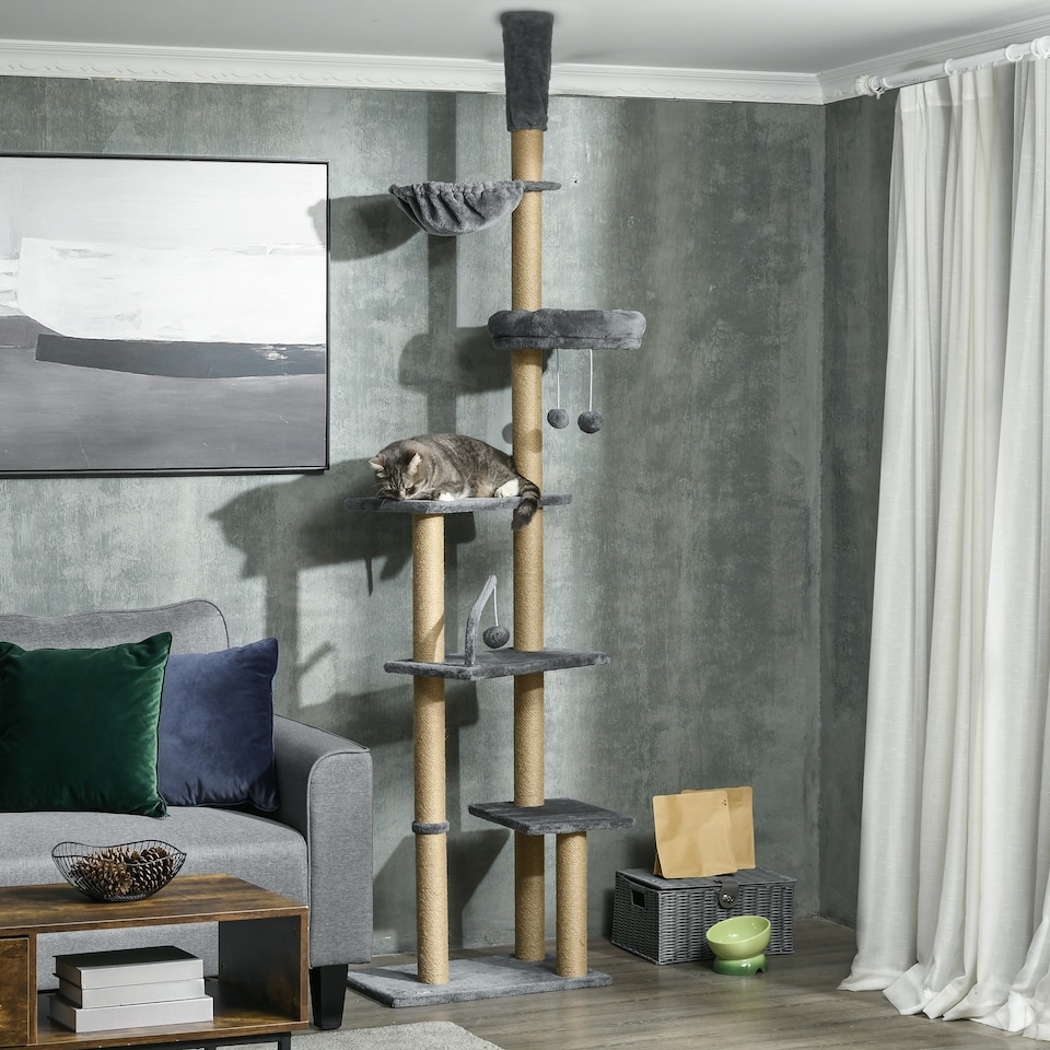 image 1 of PawHut Floor To Ceiling Cat Tree 6-Tier with Scratch Post Bed Hammock