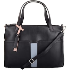 Womens Premium Soft Genuine Leather Twin Tote Style Shoulder Handbag with Detachable Shoulder Strap - Aqua / Ivory Black | Black/Cloud