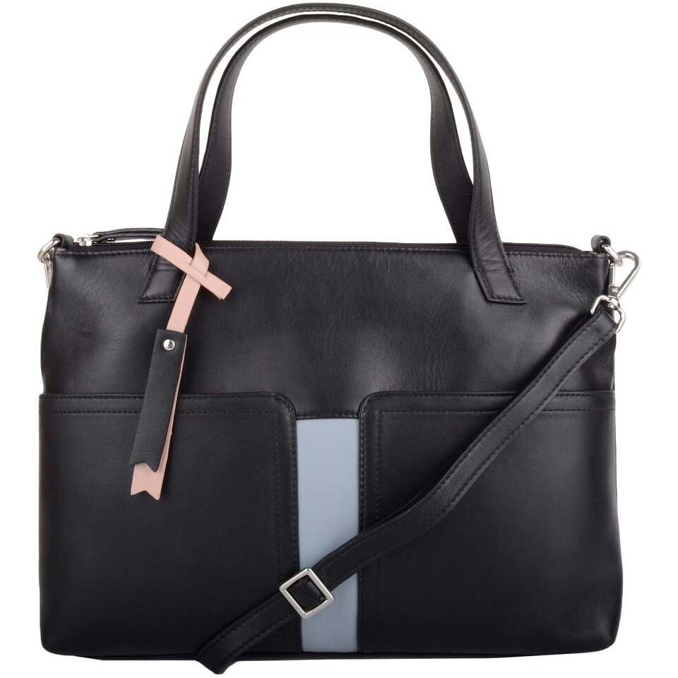 image 1 of Womens Premium Soft Genuine Leather Twin Tote Style Shoulder Handbag with Detachable Shoulder Strap - Aqua / Ivory Black | Black/Cloud