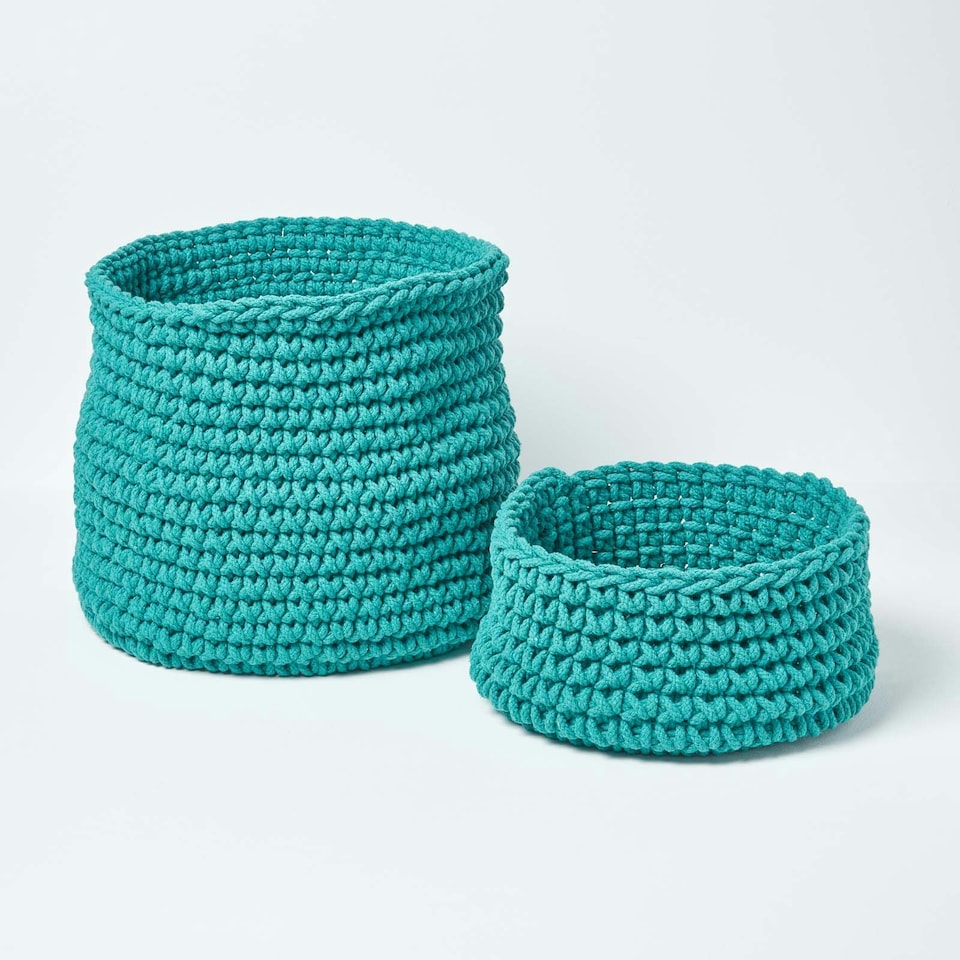 image 1 of Homescapes Teal Green Cotton Knitted Round Storage Basket - 42 x 37 cm Green | L