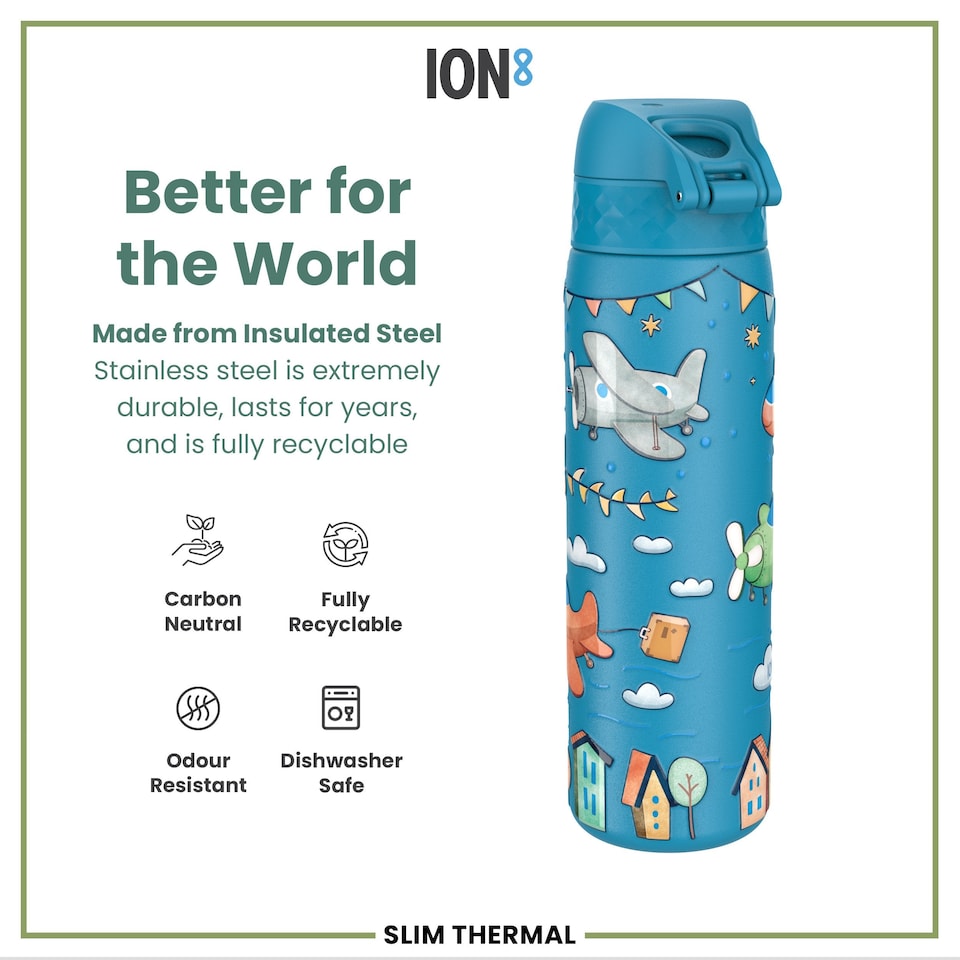 image 1 of Leak Proof Slim Water Bottle, Vacuum Insulated, 500ml (17oz) | Blue | Airplanes | One Size