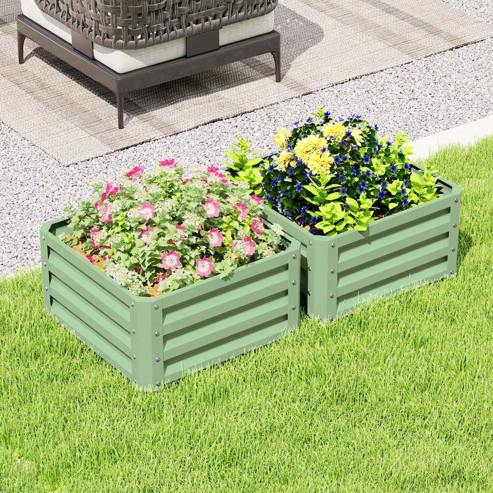 image 1 of Outsunny Set of 2 Raised Garden Bed Galvanised Planter Box, Light Green | Green