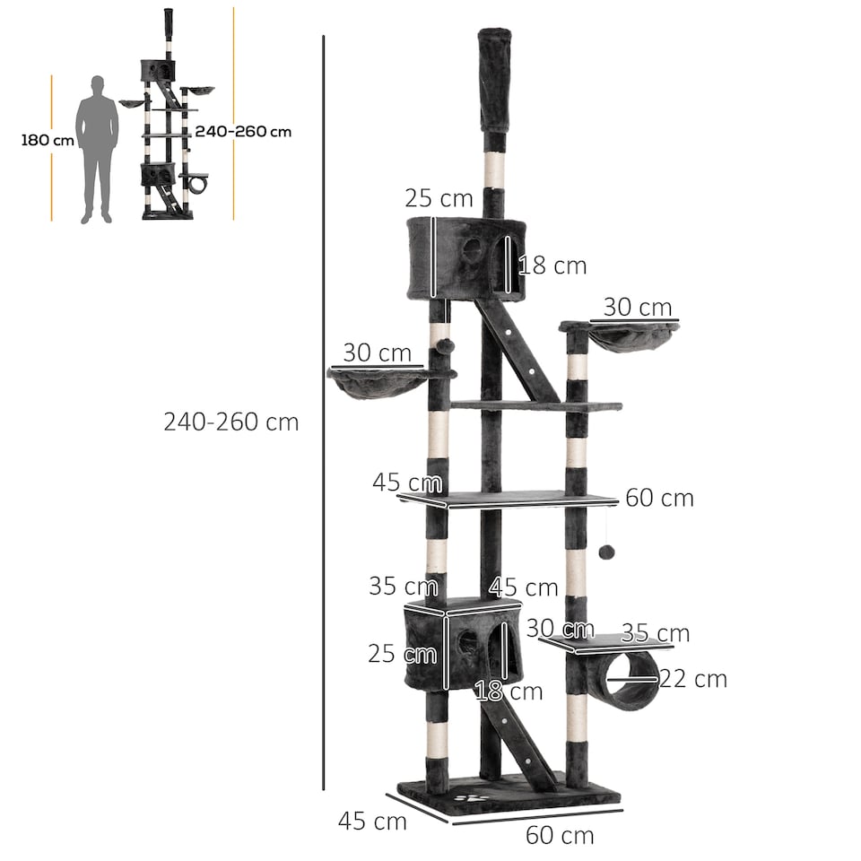 image 1 of PawHut Kitten Tower Adjustable 240-260cm, Scratch Posts, Houses
