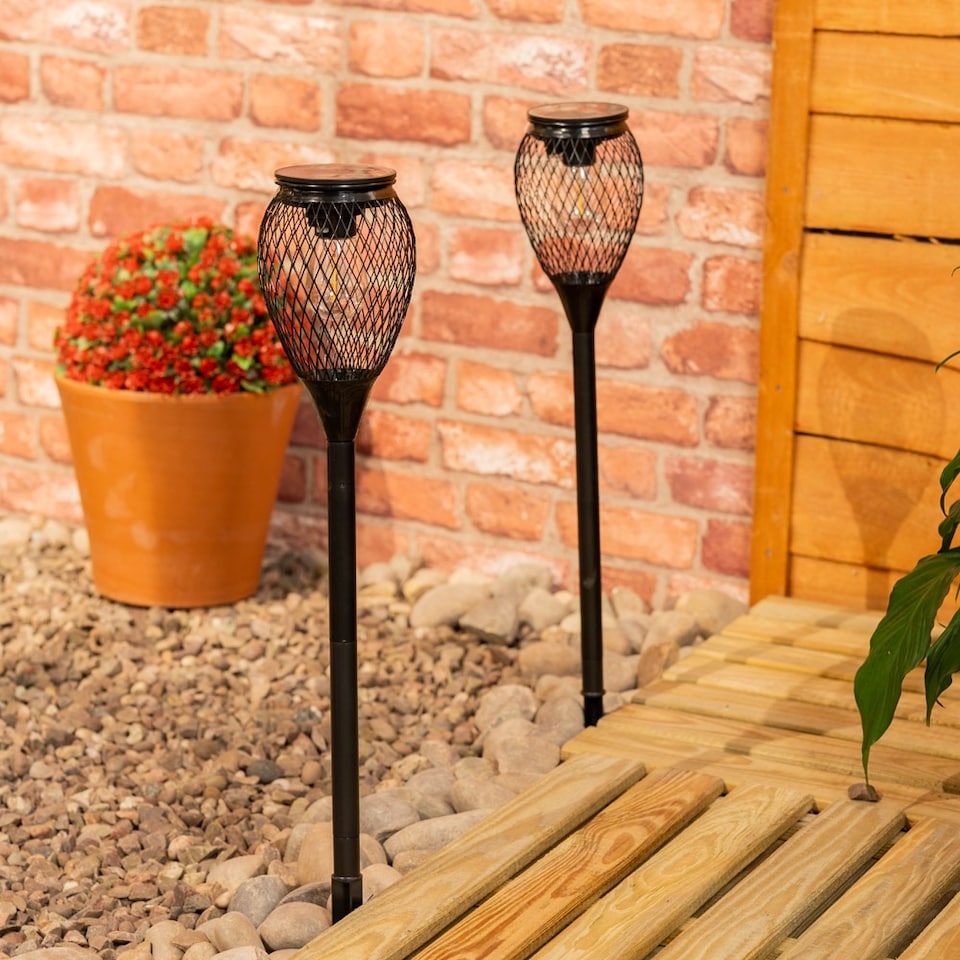 image 1 of ValueLights 2 Pack Solar Powered Outdoor Black Metal Cage Spike Lights Garden Stake Lamp