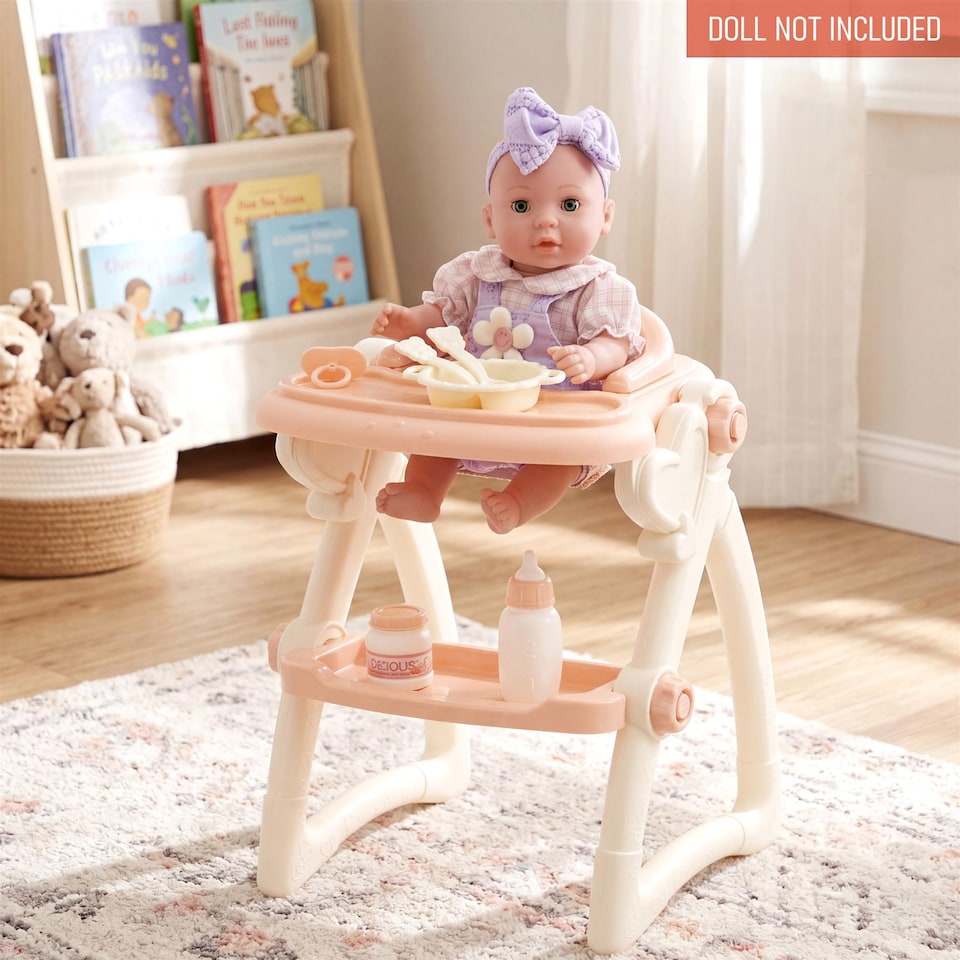 image 1 of BiBi Doll Baby Doll High Chair Feeding Set Nursery Toy Peach Cream Role Play Accessories