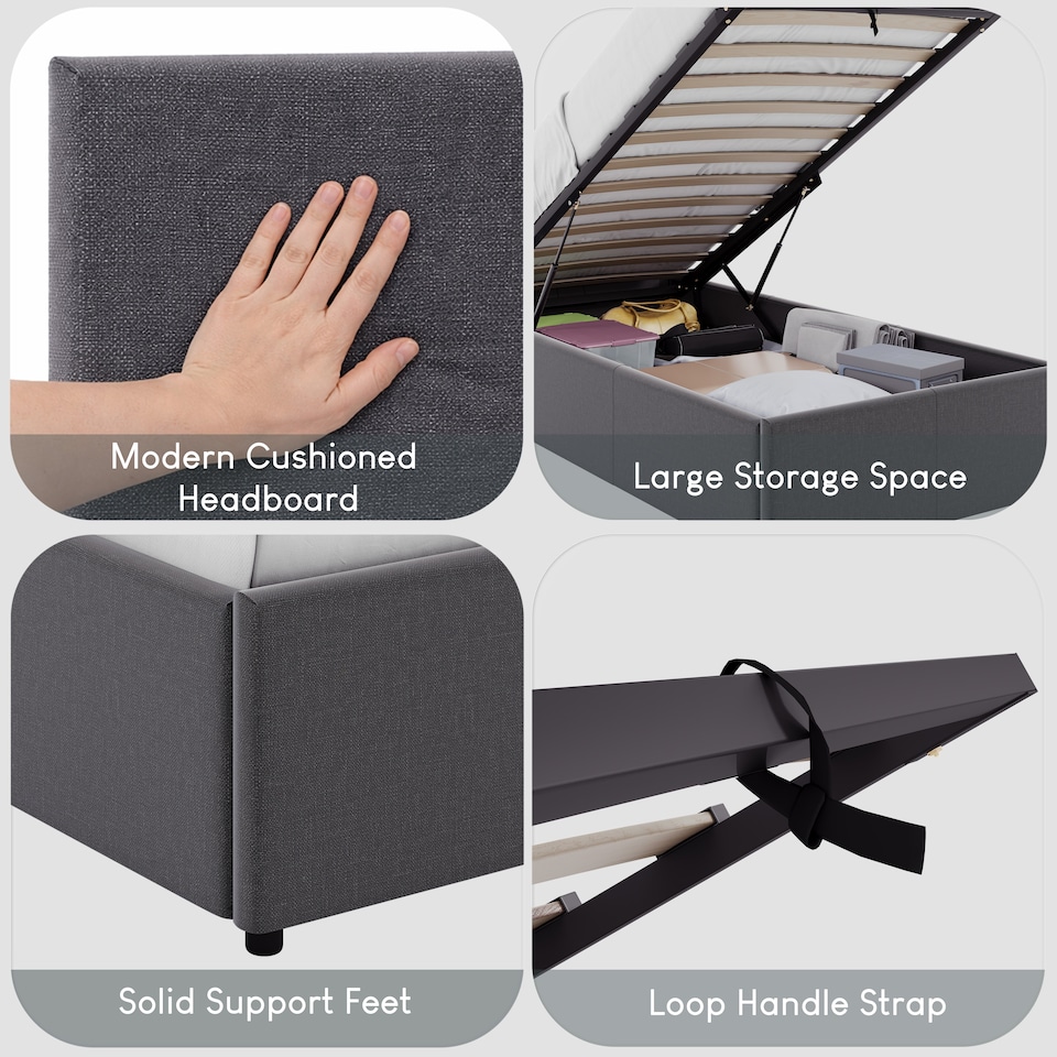 image 1 of Vida Designs Veronica Single Lift Up Linen Ottoman Storage Bed Frame, Dark Grey