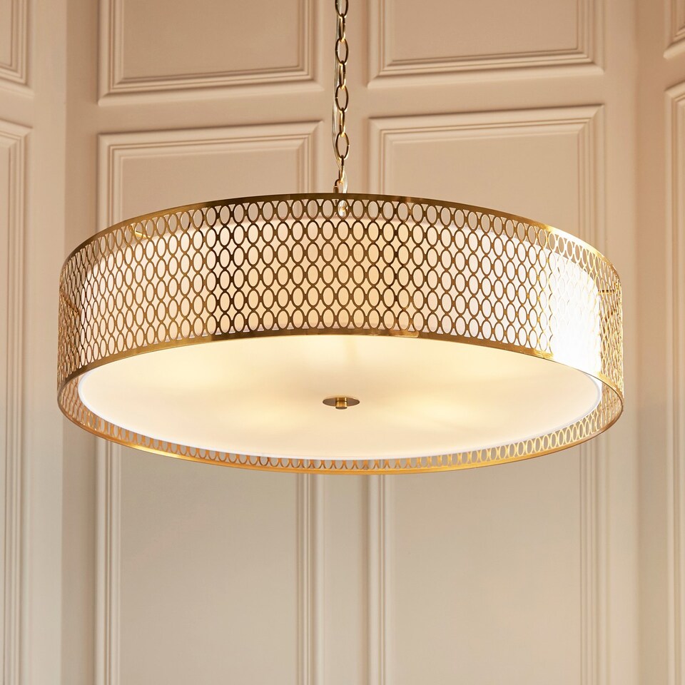 image 1 of Cordero Cylindrical Pendant Ceiling Light Gold Effect Plate, White Fabric & Frosted Glass 5x E27
