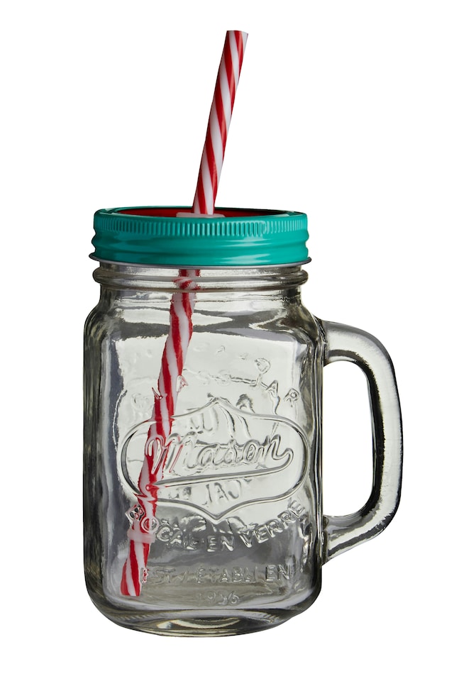 image 1 of Interiors by Premier Versatile Embossed Coloured Mason Jar Mug With Watermelon Lid, Embossed Glass Bottle With Metal Lid