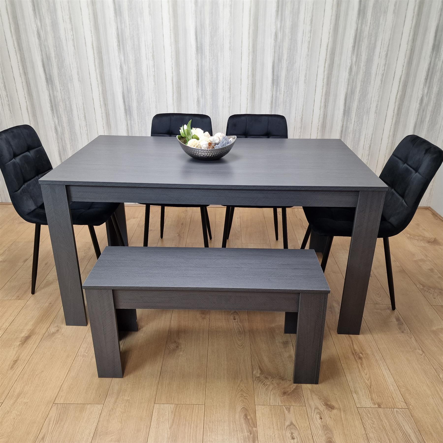 Dining Table and 4 Chairs With Bench Black Dark Grey 4 Velvet Chairs Wooden Bench Wood Dining Set Furniture