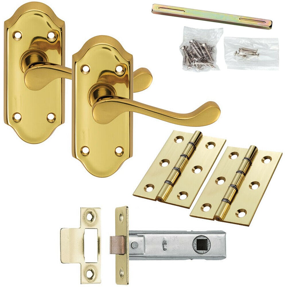 Loops Door Handle & Latch Pack Brass Victorian Scroll Short Lever Ornate Backplate in Metallics