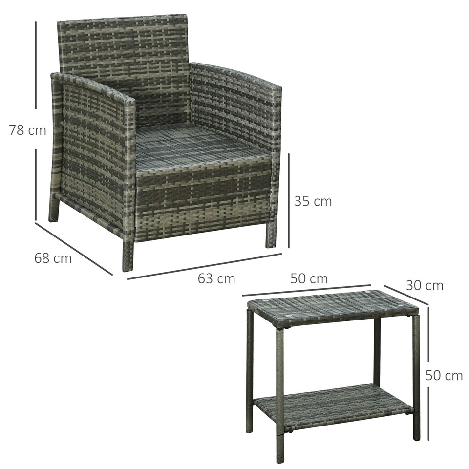 image 1 of Outsunny 3 PC Outdoor Rattan Sofa Set w/ Chairs Coffee Table Cushion Grey