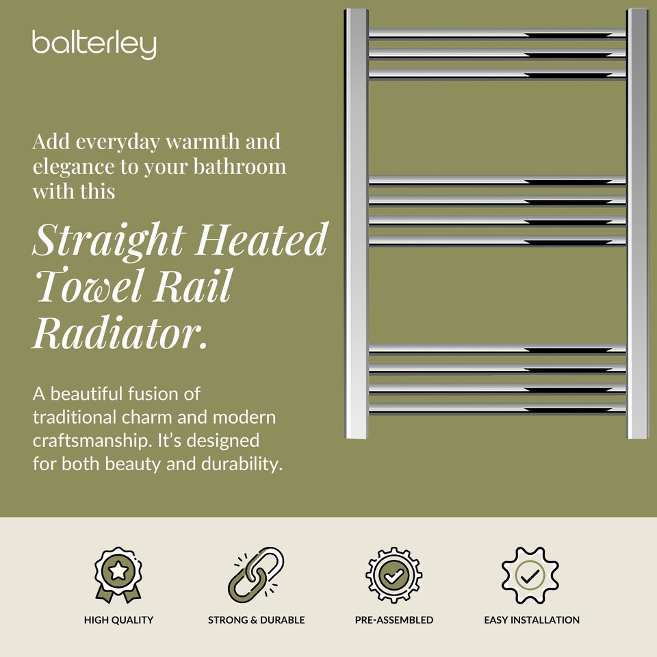 image 1 of Balterley Straight Heated Heated Towel Rail Radiator, 256W | Silver | Chrome
