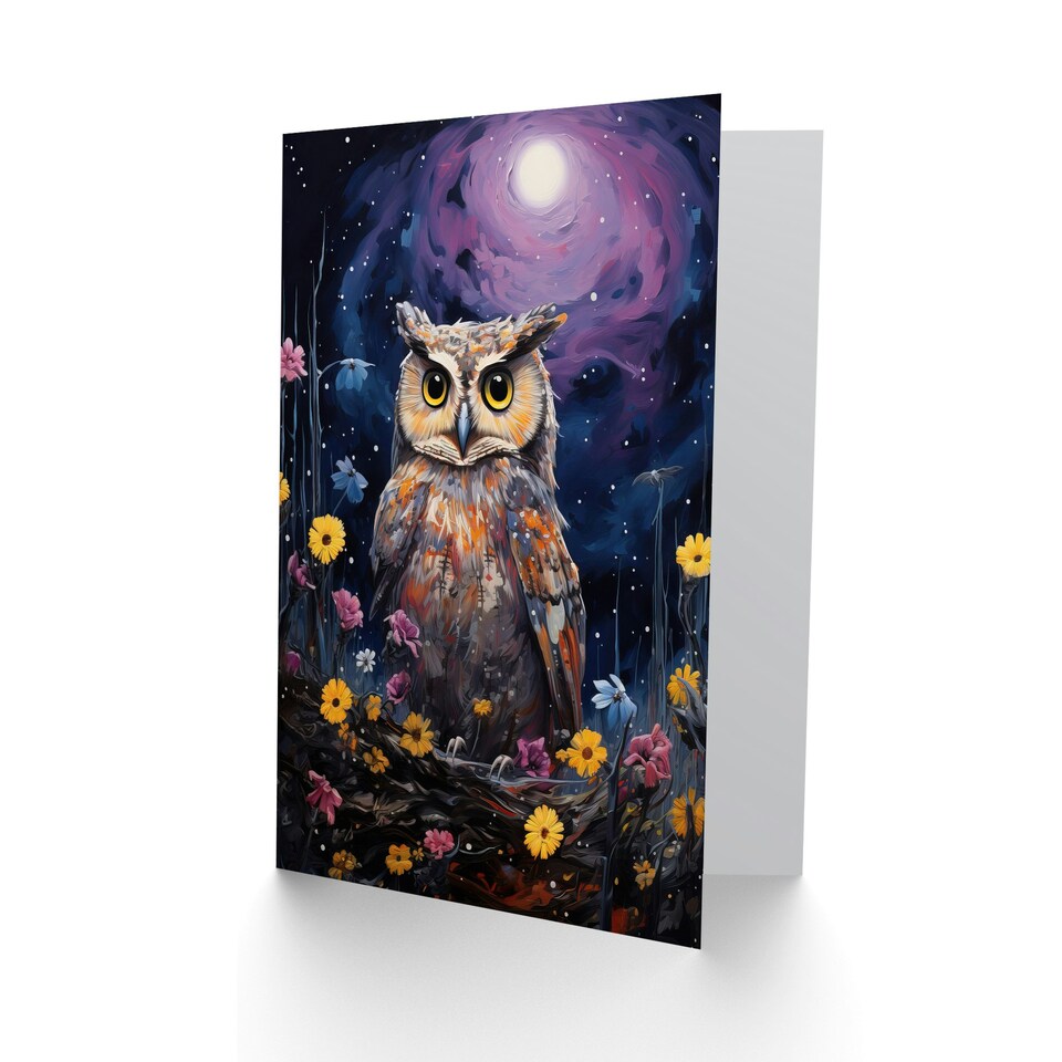 image 1 of Great Horned Owl Lavender Full Moon Thank You Art Card