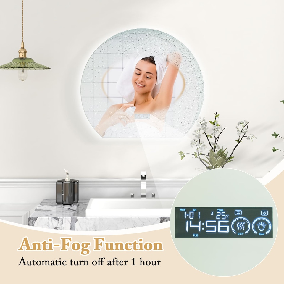image 1 of COSTWAY Half Circle LED Bathroom Mirror Anti-Fog Vanity Mirror