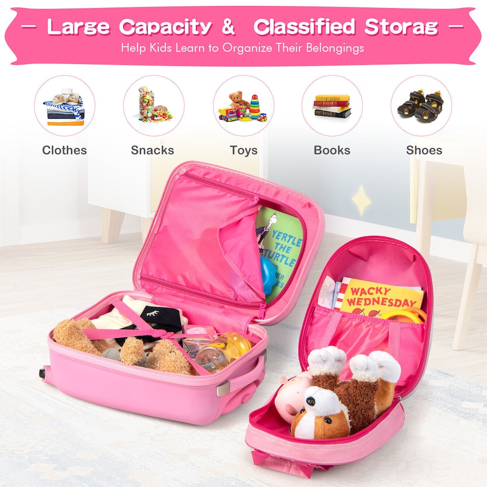 image 1 of COSTWAY 2Pcs Kids Backpack Luggage Set 12'' 16'' Children Carry On Traveling Suitcase