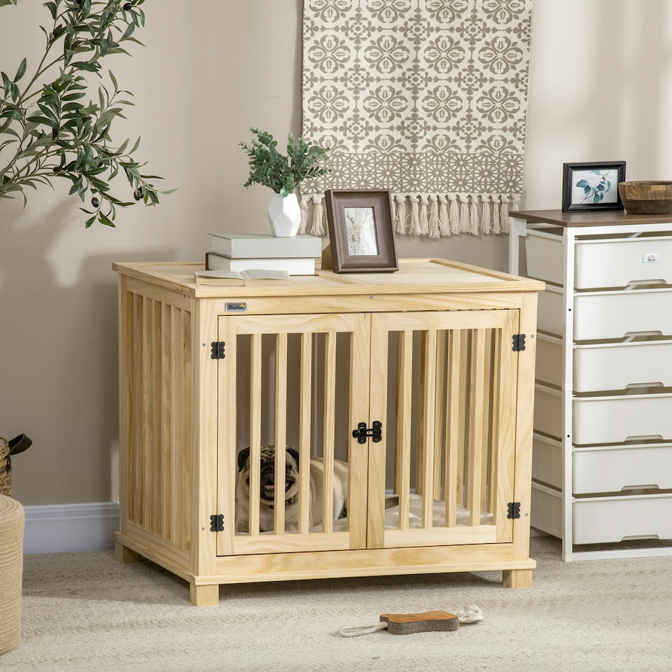 image 1 of PawHut Wooden Dog Crate End Table w/ Soft Washable Cushion, for Medium Dogs