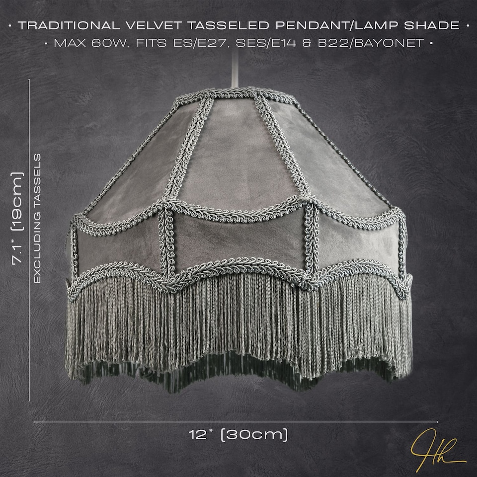 image 1 of Traditional Victorian Empire Lampshade in Soft Dove Grey Velvet with Tassels | Grey | Grey | 1