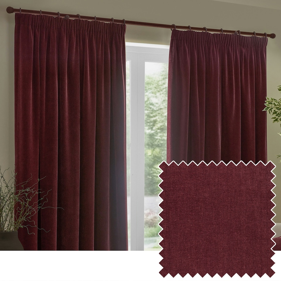 image 1 of Yard Heavy Chenille Velvet Room Darkening Pencil Pleat Curtains | Red