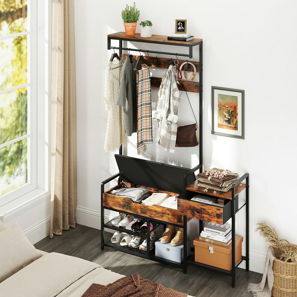 image 1 of COSTWAY Coat Rack Hall Tree with Shoe Storage Bench Brown | One Size