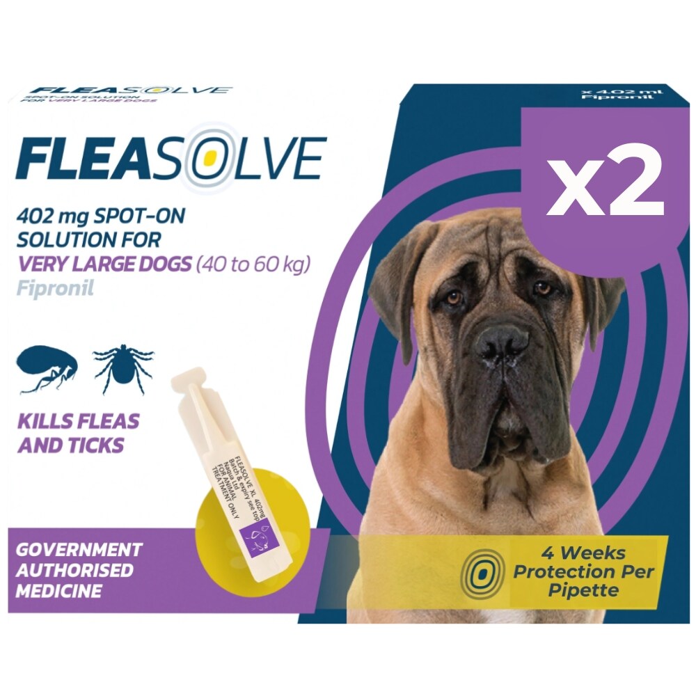 Dog Flea Treatment Extra Large Dogs x 2 - Flea Treatment for Dogs XL Very Large Dog 40-60 kg - Spot-On Solution for Fleas and Tick Control - FleaSolve 2 x Pipettes, 2 x Doses