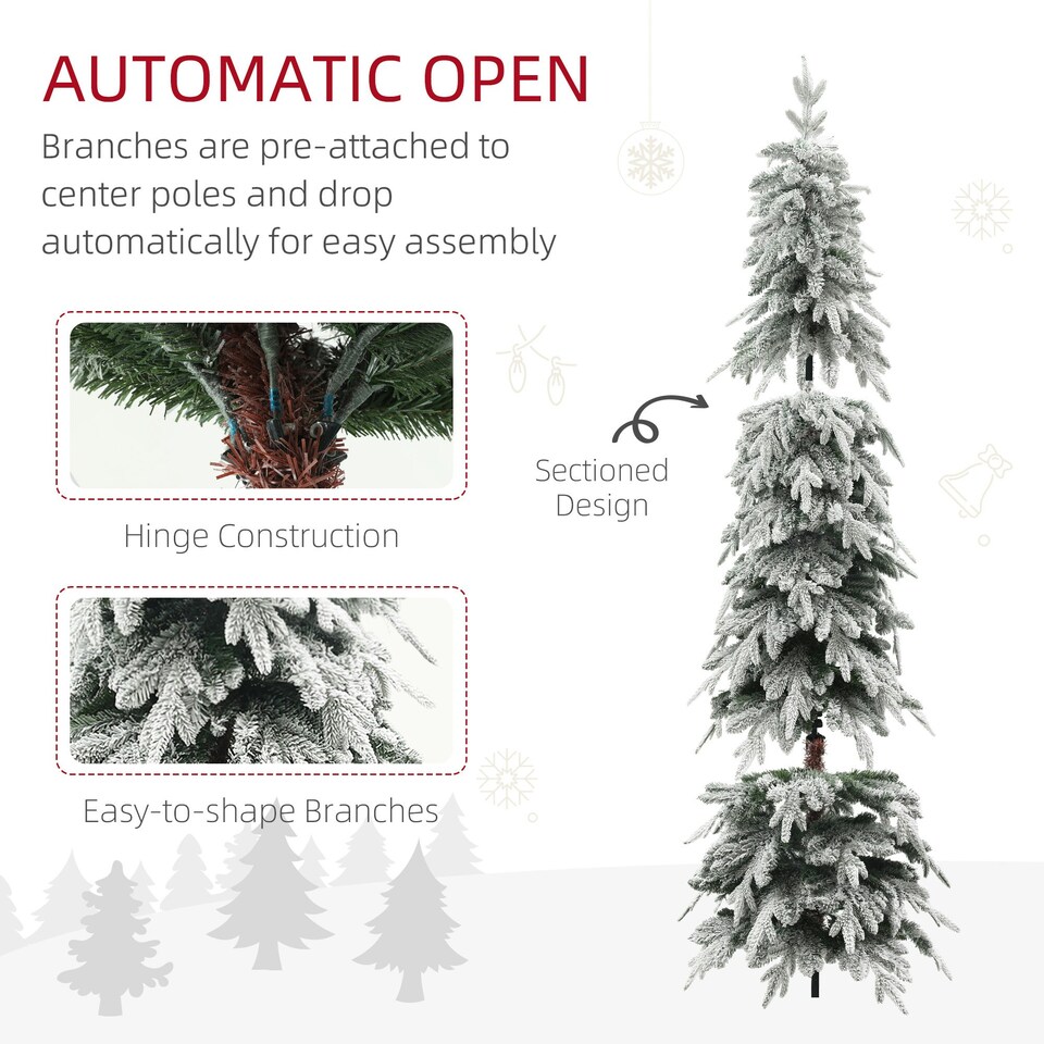 image 1 of HOMCOM 7ft Flocked Pencil Christmas Tree with Auto Open, Steel Base