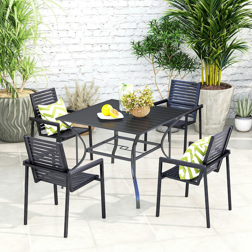 image 1 of Outsunny Garden Table with Parasol Hole for Four, Slatted Metal Plate Top Grey
