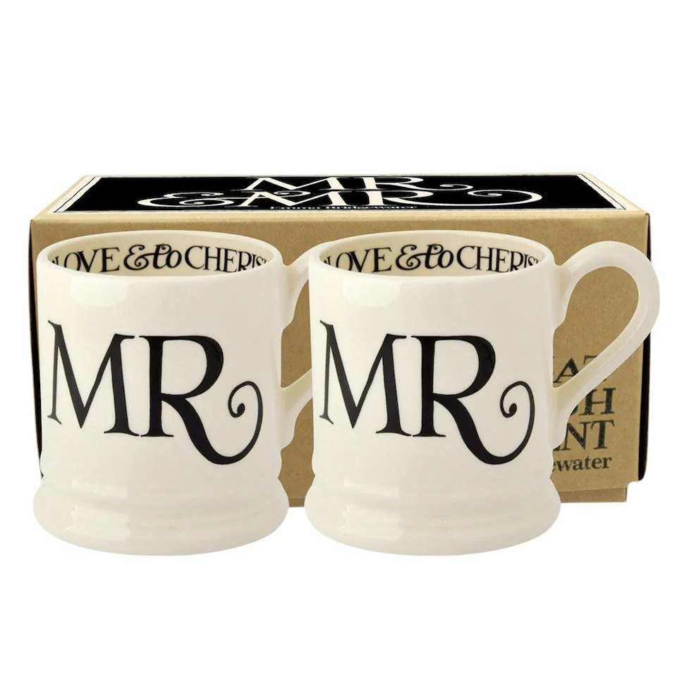 image 1 of Mug Set: 2 x 300ml Emma Bridgewater Black Toast Mr & Mr 1/2 Pint Mugs, Ceramic White
