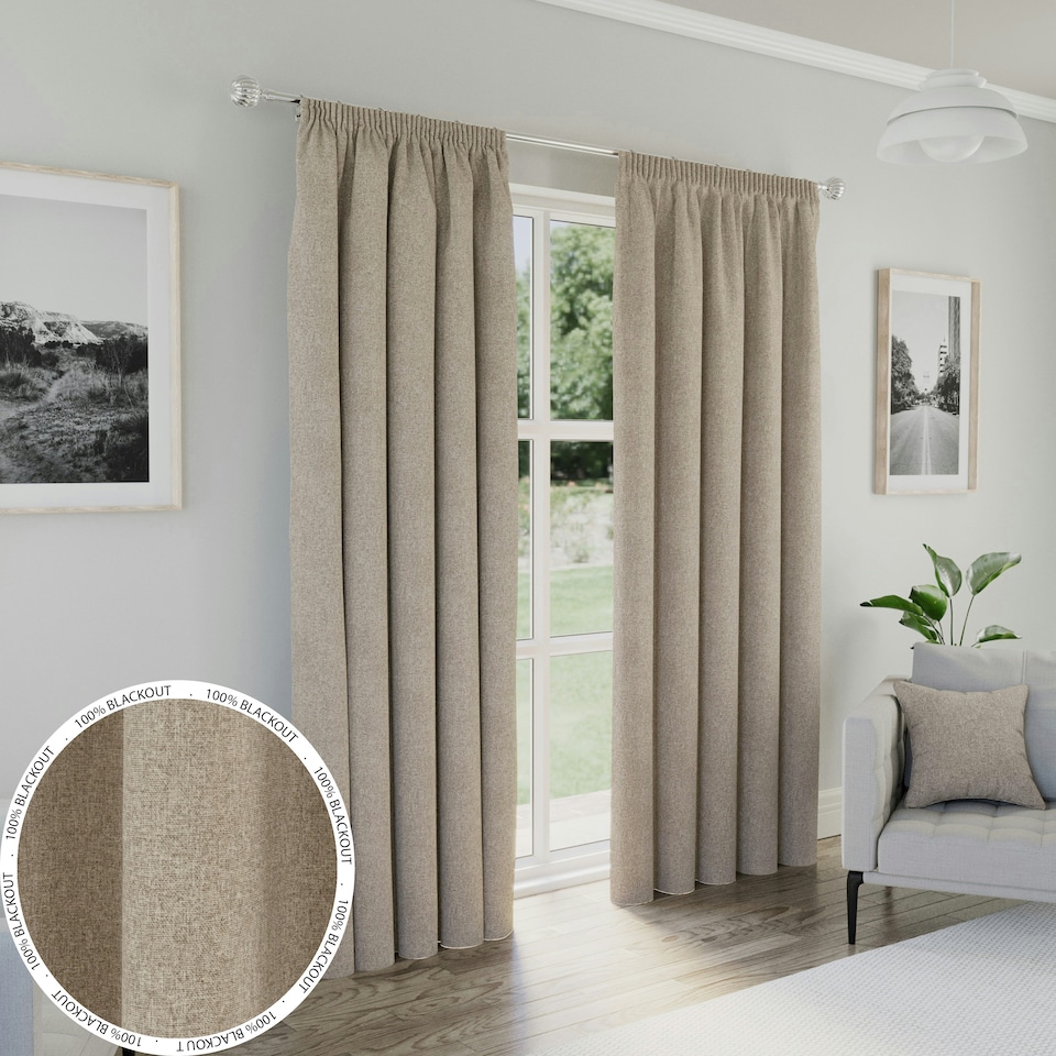 image 1 of Dallas Natural Blackout Curtains 46 x 72 inch (117 x 183 cm) Pencil Pleat 100% Blackout Thermal Noise Reducing Curtains for Bedroom and Living Room