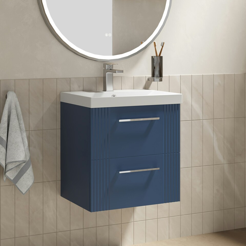 image 1 of Retro 2 Drawer Wall Hung Vanity Unit with Thin-Edge 1 Tap Hole Ceramic Basin - 500mm - Satin Blue - Balterley Blue