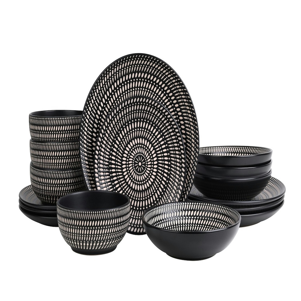 image 1 of 16pc Black Pad Print Dinner Set