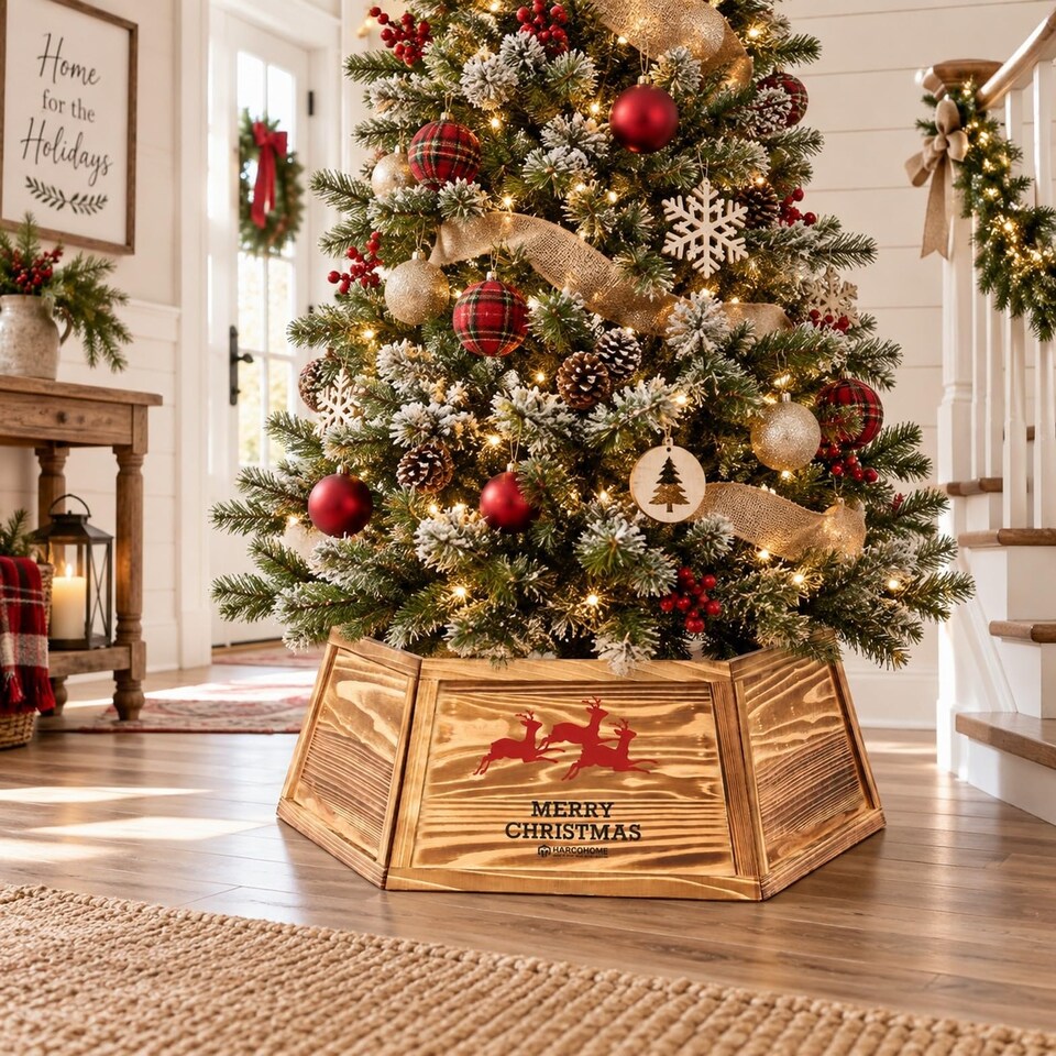 image 1 of 31.5 inch Hexagon Wooden Christmas Tree Collar with Burnt Finish for Festive Tree Stands