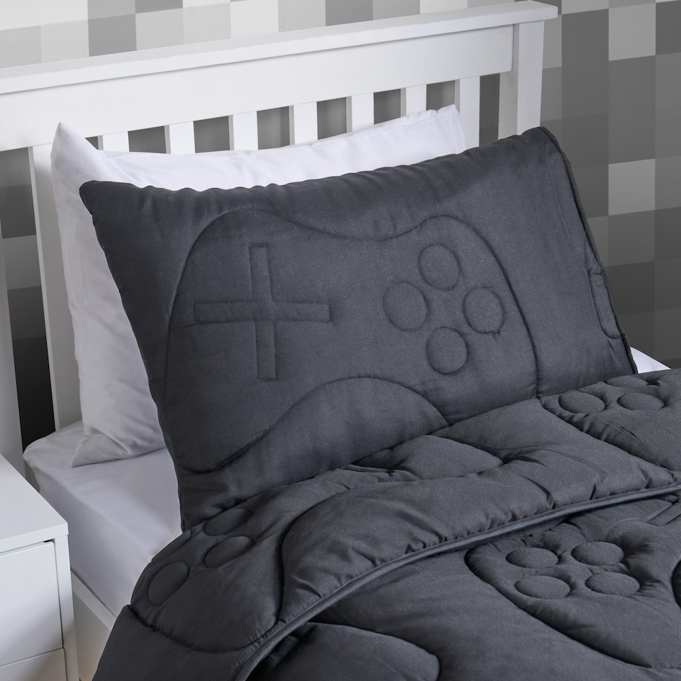 image 1 of OHS Quilted Embossed Patterned Soft Plump Coverless 7.5 Tog Washable Duvet Cover and Pillowcase Bedding Set Black | Gaming | Single