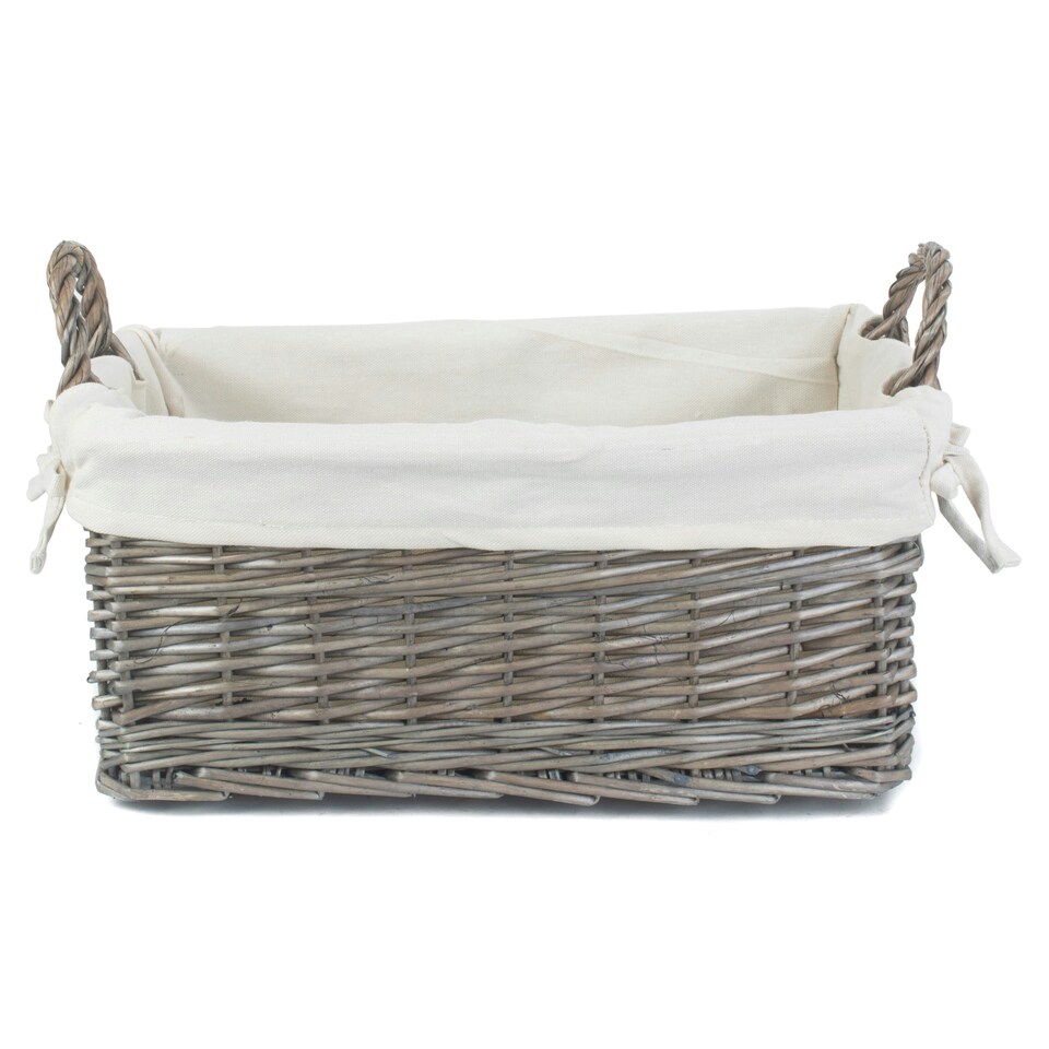 image 1 of Shallow Lined Antique Wash Storage Wicker Basket White | White | S