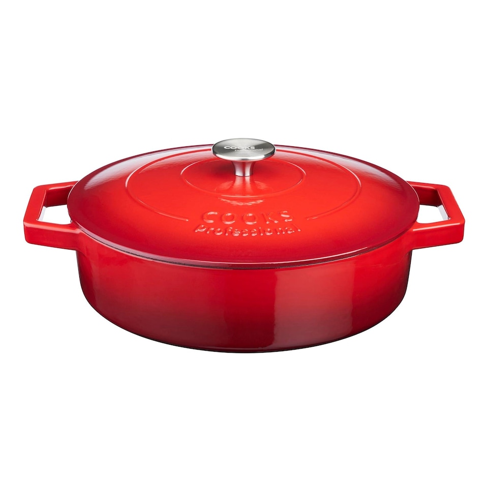 image 1 of Cooks Professional Cast Iron Casserole Dish 28cm - Ovenproof Pan with Lid | Red | Red