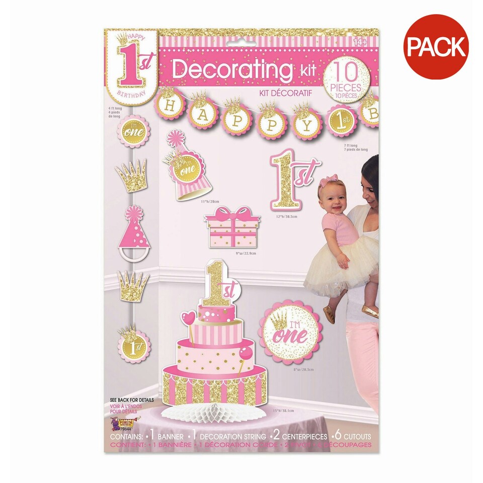 Forum Novelties 1st Birthday Decor Kit (Pack of 10) - Pink/Gold - One Size Pink