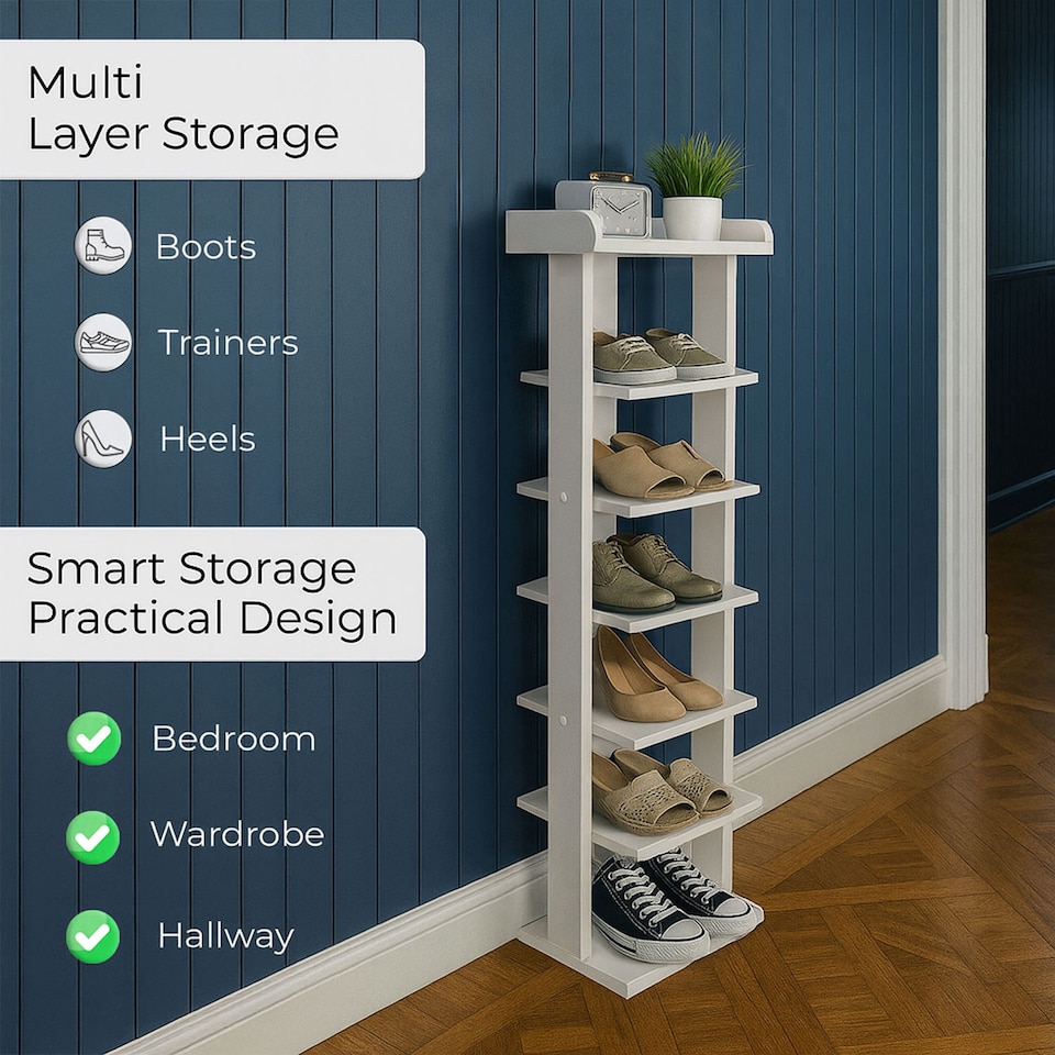 image 1 of Neo White 7 Tier Wooden Shoe Rack Slim Narrow Storage Cabinet Space-Saving Entryway Bedroom Wardrobe | White