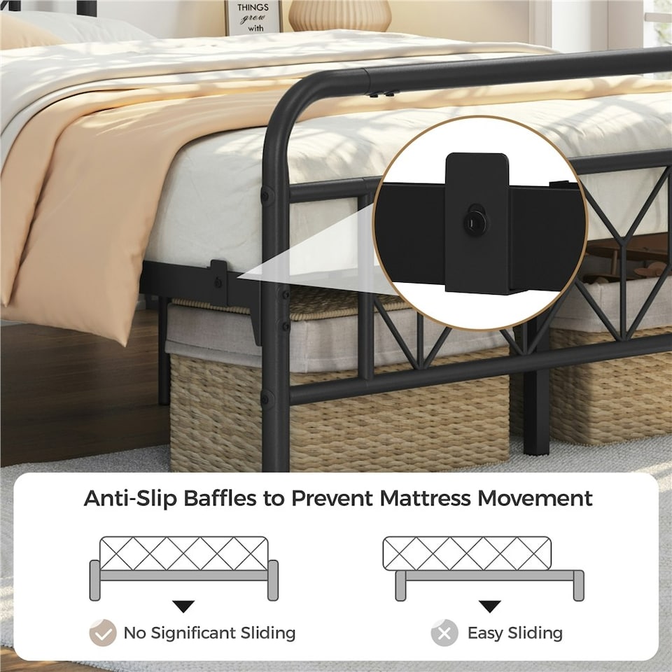 image 1 of Yaheetech 4ft6 Double Vintage Metal Bed Frame with Diamond Pattern Headboard Black