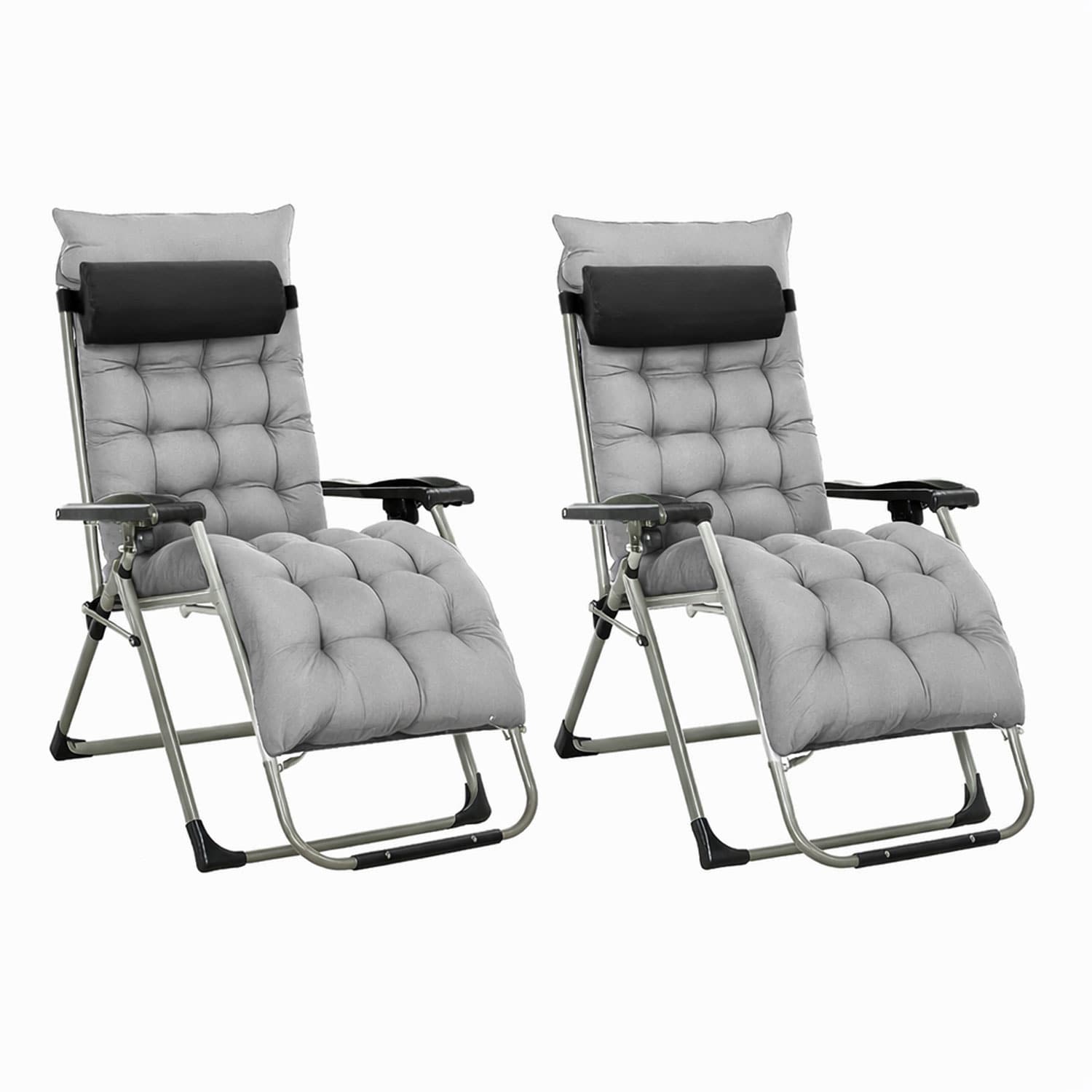 Neo 2pcs Grey Zero Gravity Sun Lounger With Padded Cushions Foldable Reclining Chair Portable Garden Furniture Camping Thick Comfortable Non-Slip Relaxer Indoor & Outdoor