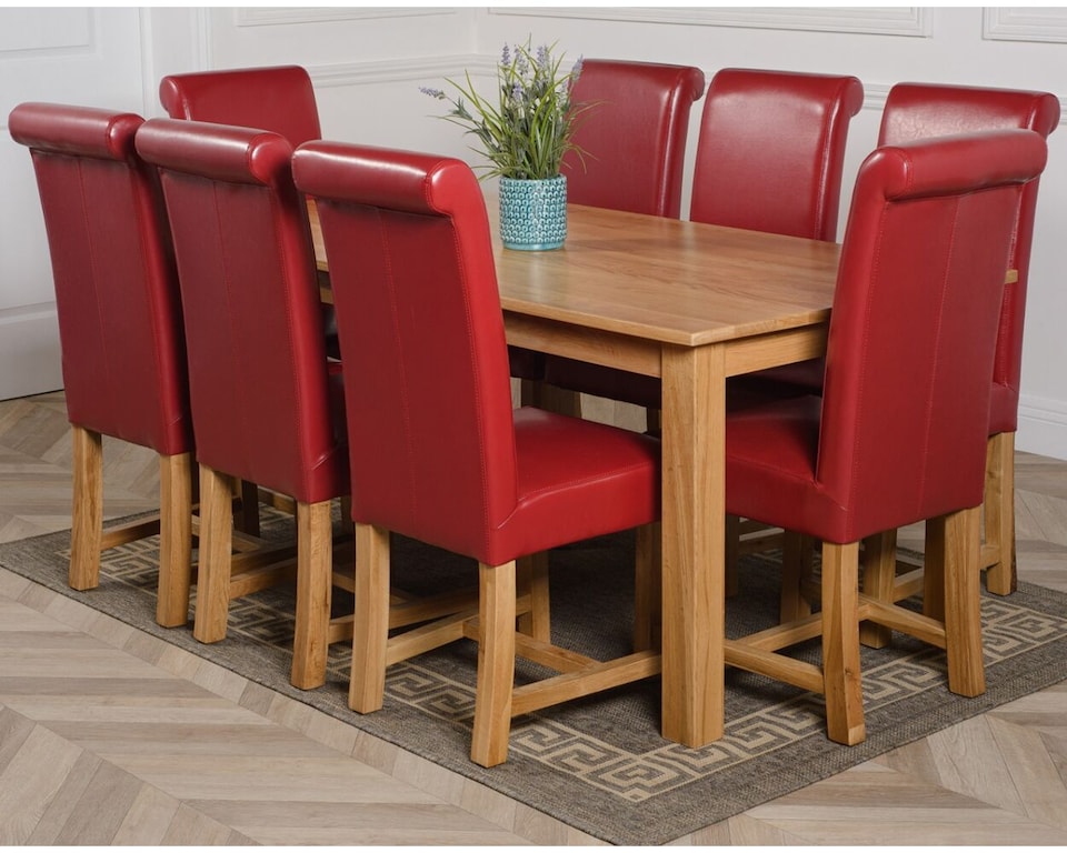 image 1 of Oslo 180 x 90 cm Large Oak Dining Table and 8 Washington Leather Chairs | Red | Red