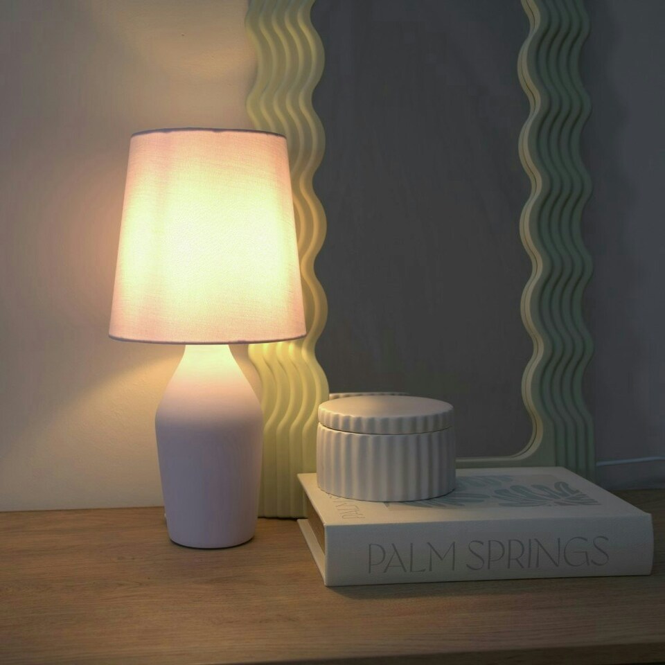 image 1 of ValueLights Arlo Pair of Lilac Ceramic Table Lamps with Lilac Shades and LED Bulbs Purple