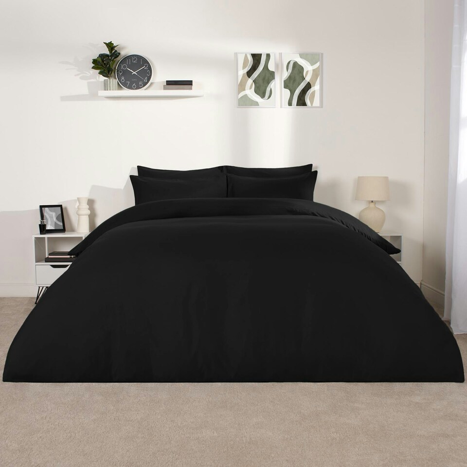 image 1 of OHS Microfibre Plain Soft Duvet Cover and Pillowcase Set, King - Black