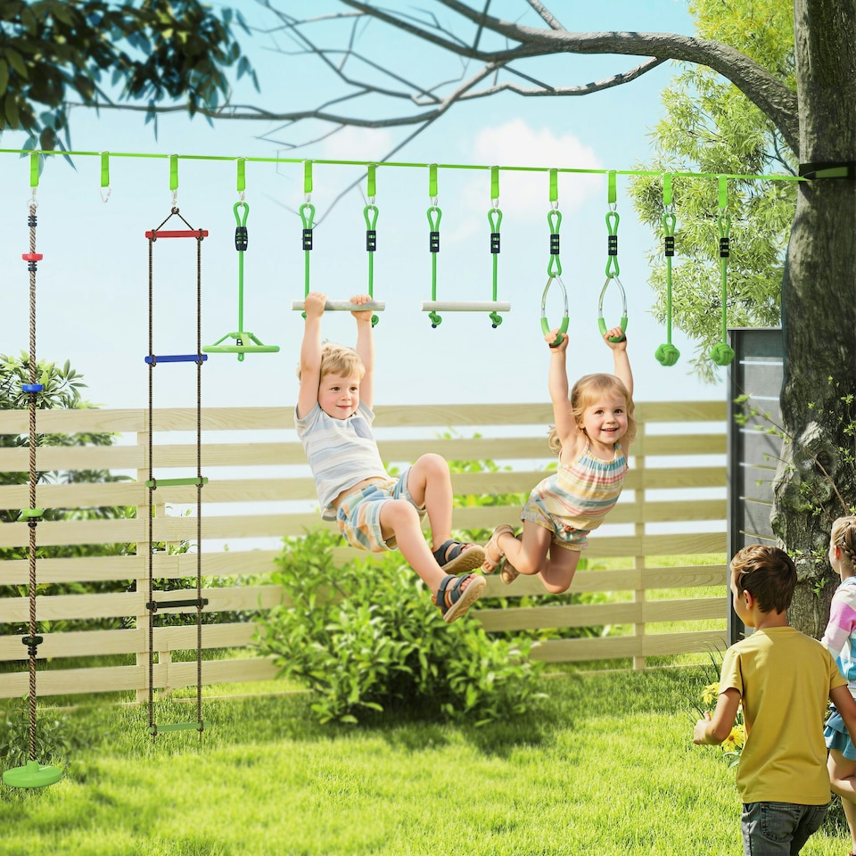 image 1 of AIYAPLAY Obstacle Course for Kid with 10 Piece Slackline Kit, Green