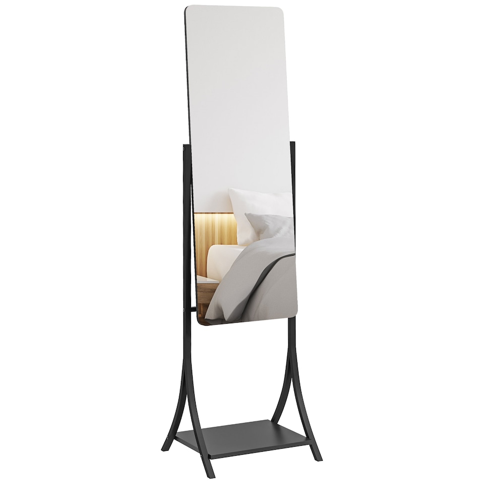 image 1 of HOMCOM Full Length Mirror, Free Standing Floor Mirror, Full Body Mirror with Adjustable Angle and Storage Shelf for Living Room, Bedroom, Hallway, 108 37cm, Black